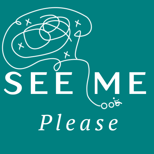 Our company name and an illustration of a busy but beautiful brain with a wheelchair weaved in